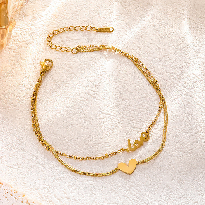 Wholesale Double-layer titanium steel heart shaped letter gold-plated Anklets