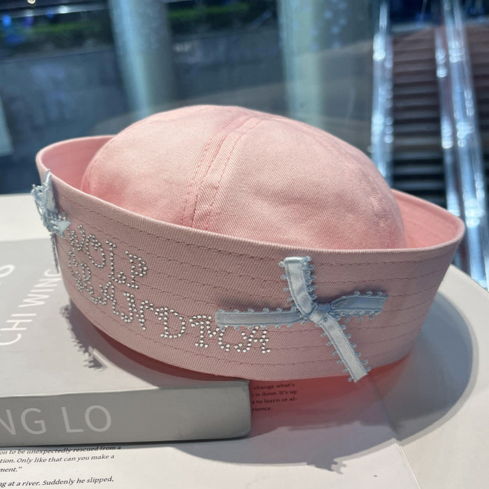 Wholesale Cute Cat Hat Bowknot Rhinestone Bucket Hat Millennial  Flap Navy Beret