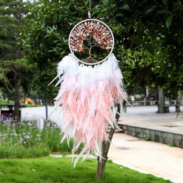 Wholesale Feather Dreamcatcher Wall Hanging with Tree of Life Design and Natural Stone Accents