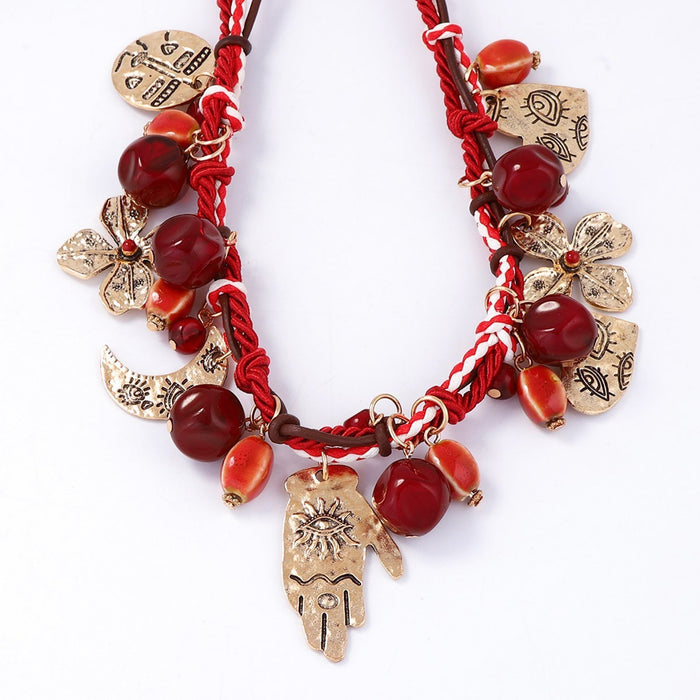 Wholesale Bohemian Ethnic Style three Strand Red Rope Necklace Alloy Pendant Necklace
