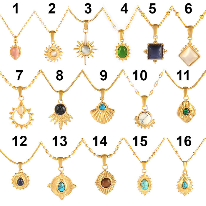 Wholesale Natural Stone Pendant Necklace Stainless Steel Turquoise Sun Pendant Clavicle Chain