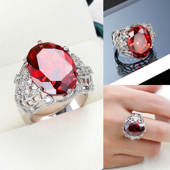 Wholesale Super large pomegranate red ring, fashionable, light luxury, super sparkling zircon hand jewelry, versatile accessory for women's banquets
