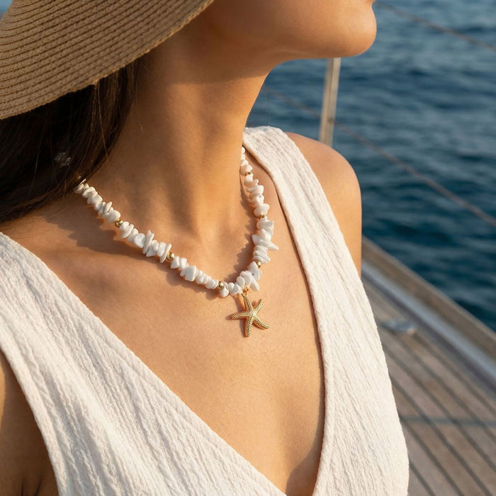 Wholesale Bohemian Starfish Shell Pendant Necklace Faux Pearl Ocean Series Beach Vacation Style