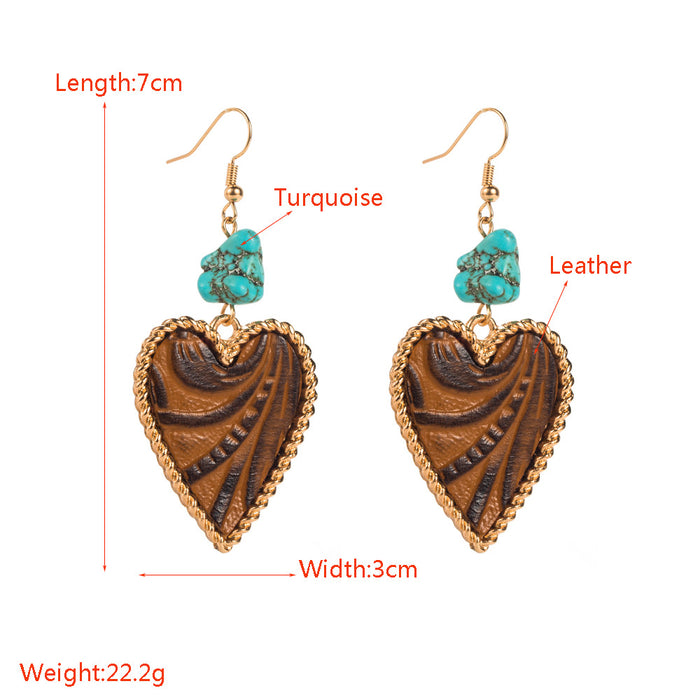 Wholesale Alloy leather printed turquoise heart earrings