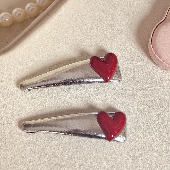 Wholesale Silver white leather hair clip, red heart hair accessory, exquisite broken hair, bangs clip, side clip