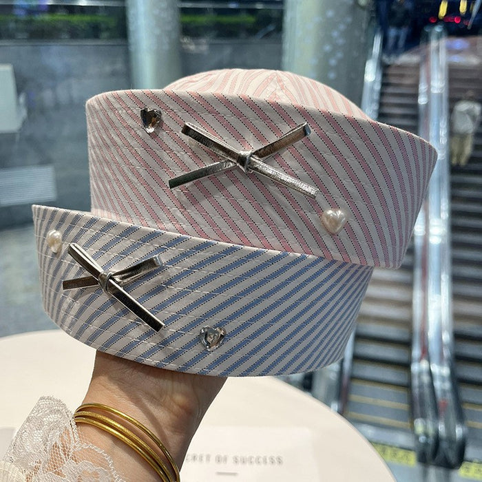 Wholesale Cute Cat Hat Bowknot Rhinestone Bucket Hat Millennial  Flap Navy Beret