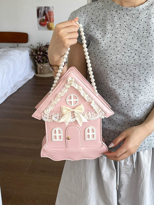 Wholesale Trendy Lolita HouseShaped Bag Pink PU Pearl Chain Crossbody bag Fashion Accessory for Gift
