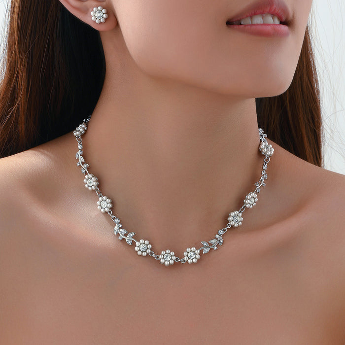 Wholesale Earrings Necklace Set Stylish Stamen Design Inlaid Pearl Zircon Necklace Earrings
