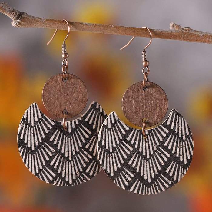 Wholesale Bohemian distressed floral and leaf-printed leather and wood ing pendant earrings double-sided earrings
