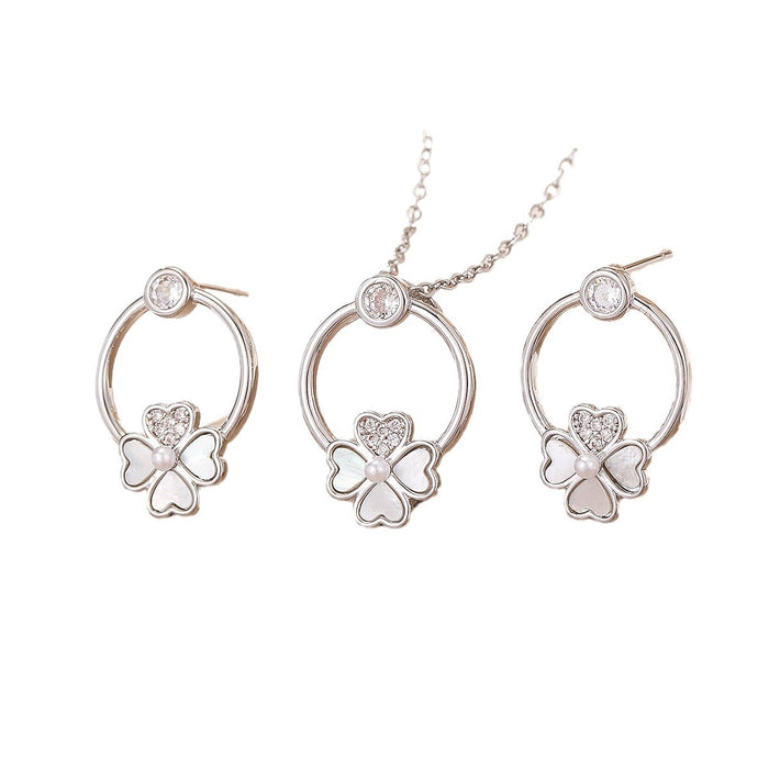 Wholesale Simple Copper Zircon Petal Necklace Earrings 2 Piece Set Simple Four-leaf Clover Shell suit