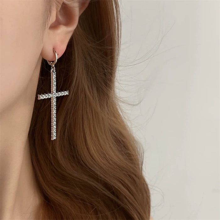 Wholesale Shiny Rhinestone Large Cross Earrings Versatile Exaggerated Full Diamond