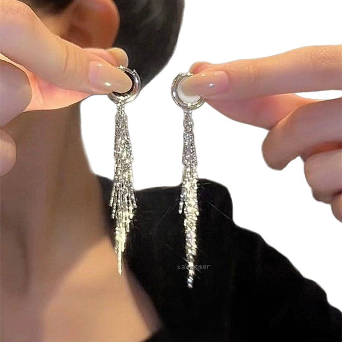 Wholesale Exaggerated Silver Long Metal Tassel Hoop Earrings