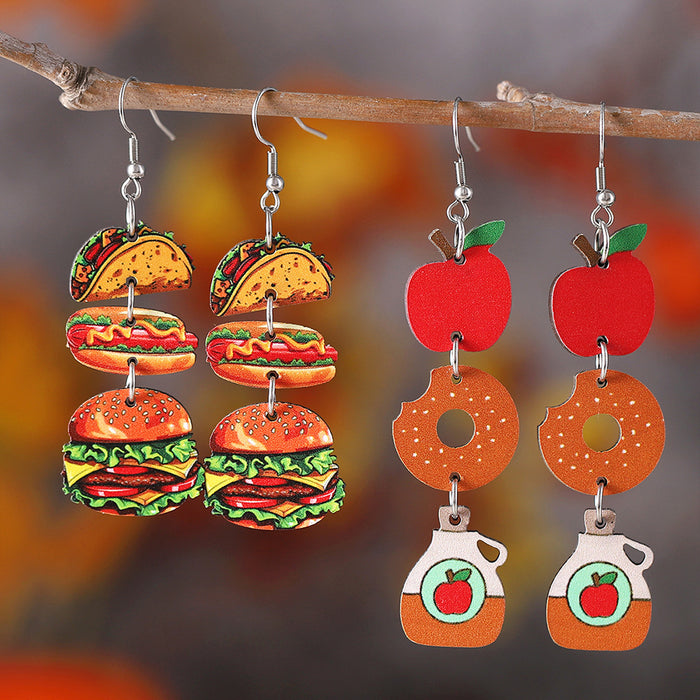 Wholesale Cute food apple donut hamburger hot dog triple pendant earrings double-sided wooden earrings