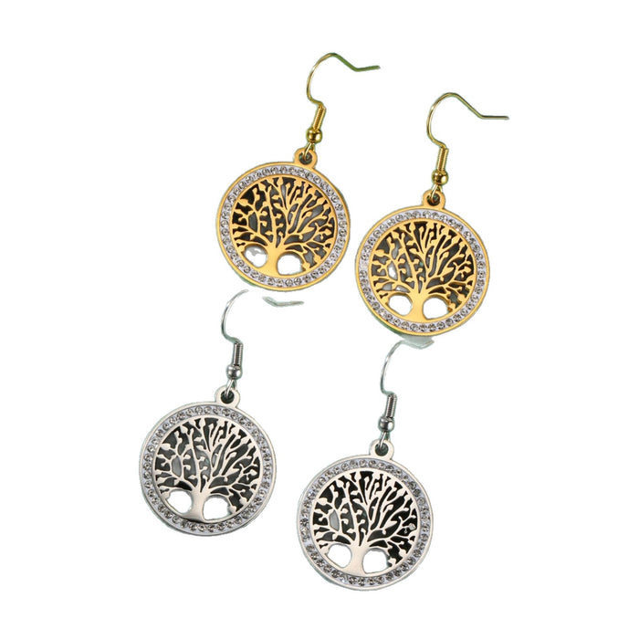 Wholesale Diamond-studded tree round pendant earrings stainless steel women's jewelry