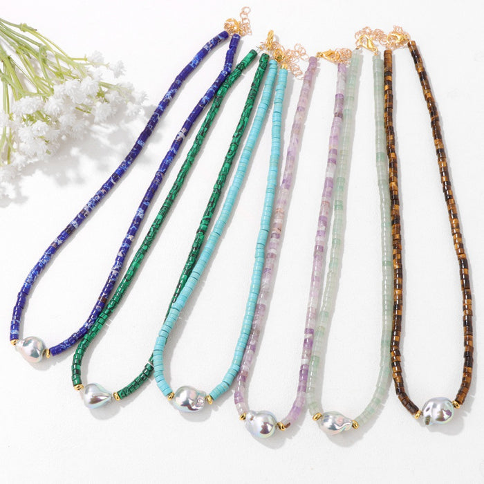 Wholesale Irregular shaped pearl necklace with stone and wheel shaped beads a clavicle chain