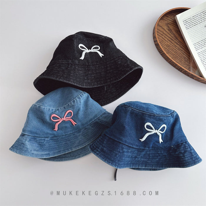 Wholesale Children's denim fisherman hat with bow embroidery trendy children's baby sun hat