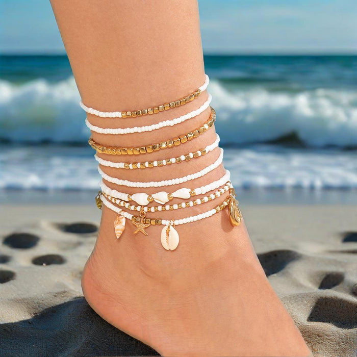 Wholesale Color blocking ankle chains, foot accessories, rice beads, ankle chains, starfish, shell sets, multi-layer layered accessories
