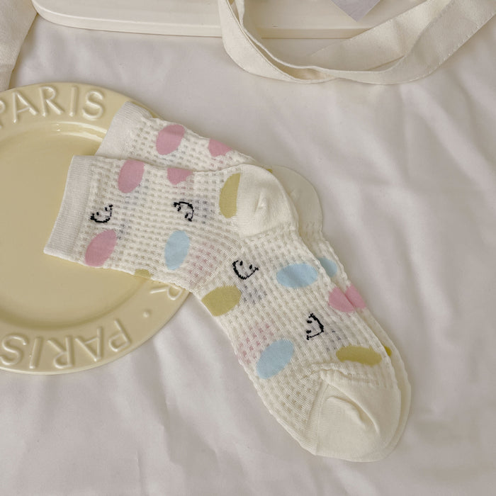 Wholesale Thin sweat absorbing milk white mid tube socks with mesh breathable lace stacking socks