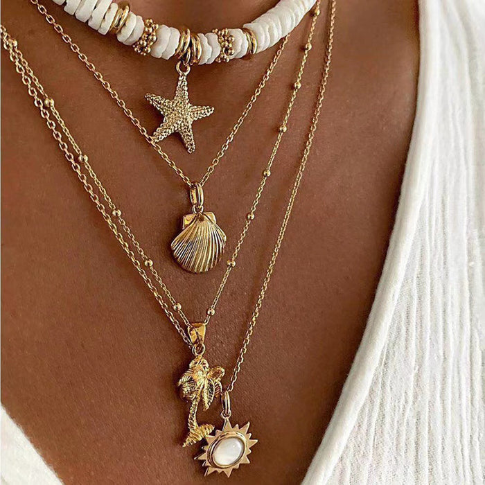 Wholesale Zinc Alloy Layered Necklace with nut Tree Starfish Flower Pendant