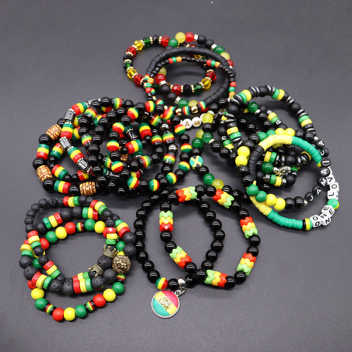 Wholesale Yellow Green Red Black Jamaica Stretch Bracelet Letter Resin Black Gallstone Wooden Beads Jamaica