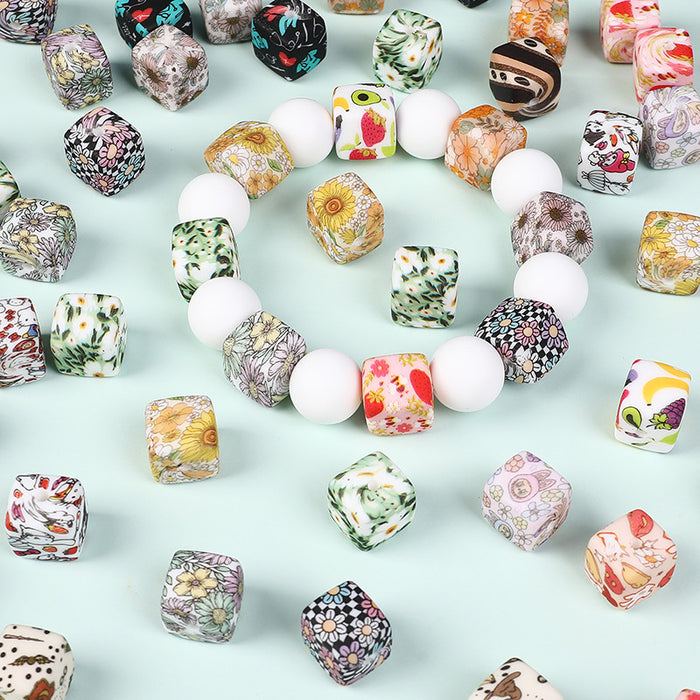 Wholesale Random 100pcs Watermark cube silicone beads jewelry beaded bracelet accessories square printed silicone beads