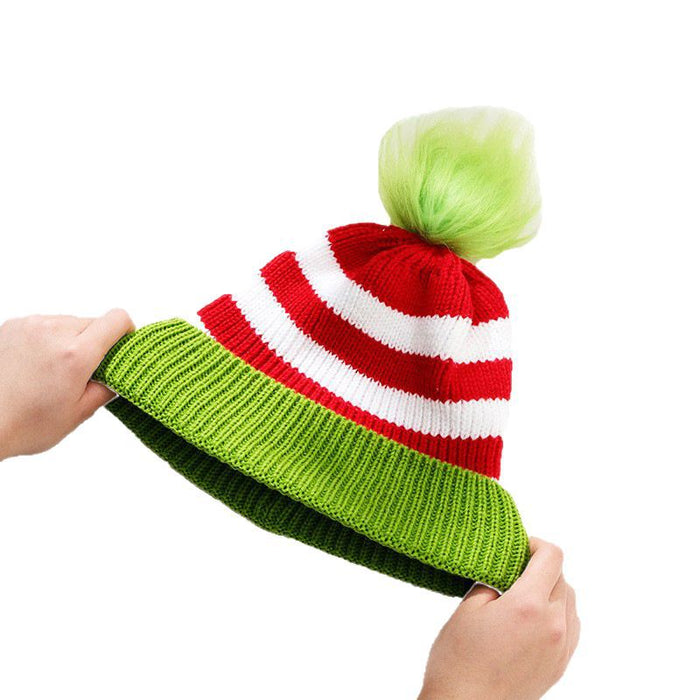 Wholesale Children' s Christmas Knitted Hat Red and Green Striped Fur Ball Knitted Hat