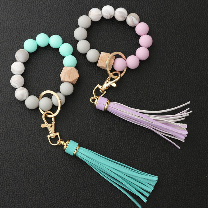 Wholesale Keychains PU Silicone Beads Wooden Beads Anti-lost Wrist JDC-KC-NuoYi020