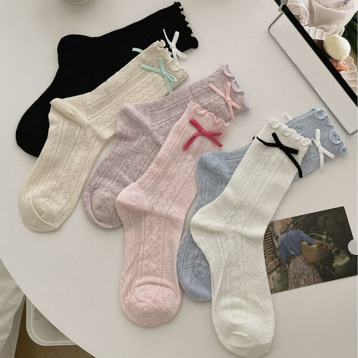 Wholesale Bow shaped mid tube socks with thin hollow mesh breathable stacking socks