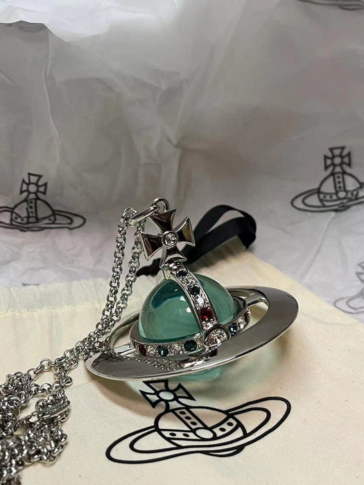 Wholesale Medium sized large mint green orb three-dimensional planet necklace Saturn versatile collarbone chain