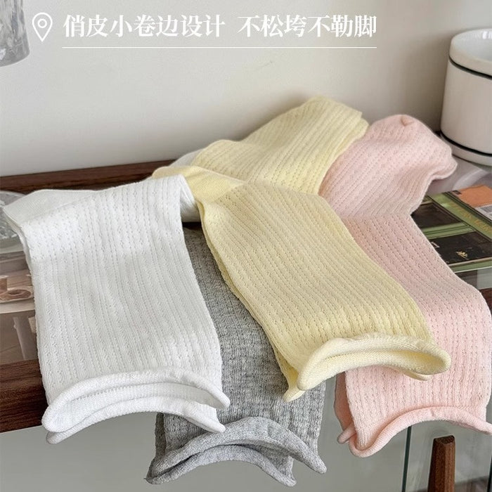 Wholesale Socks with rolled edges, mid tube socks, pure cotton mesh long socks, stacked socks