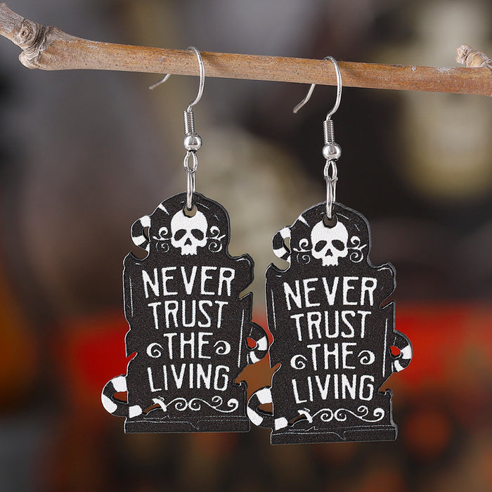 Wholesale  Skull Tombstone Pendant Earrings Wooden Gothic Double-sided Ear Jewelry