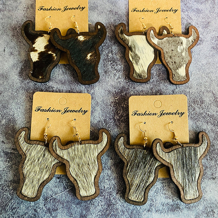Wholesale Retro genuine leather earrings Western cow head leopard print horse hair inlaid wooden earrings