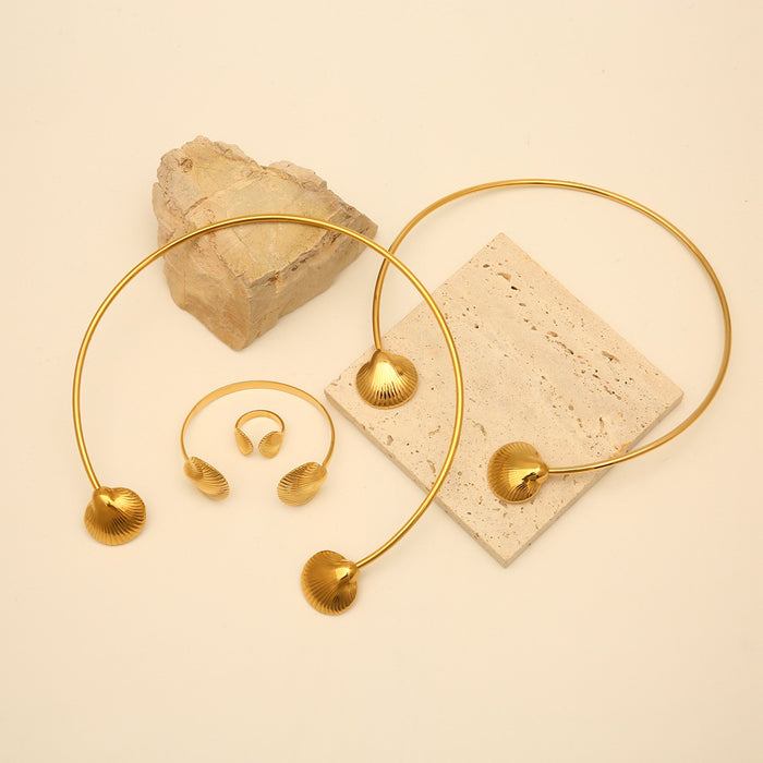 Wholesale Fashion stainless steel scallop simple collar bracelet shell titanium steel open ring set