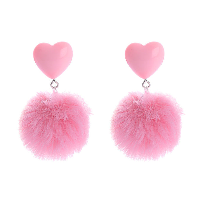 Wholesale Cute imitation rabbit fur heart-shaped earrings with candy colored plush pendant earrings