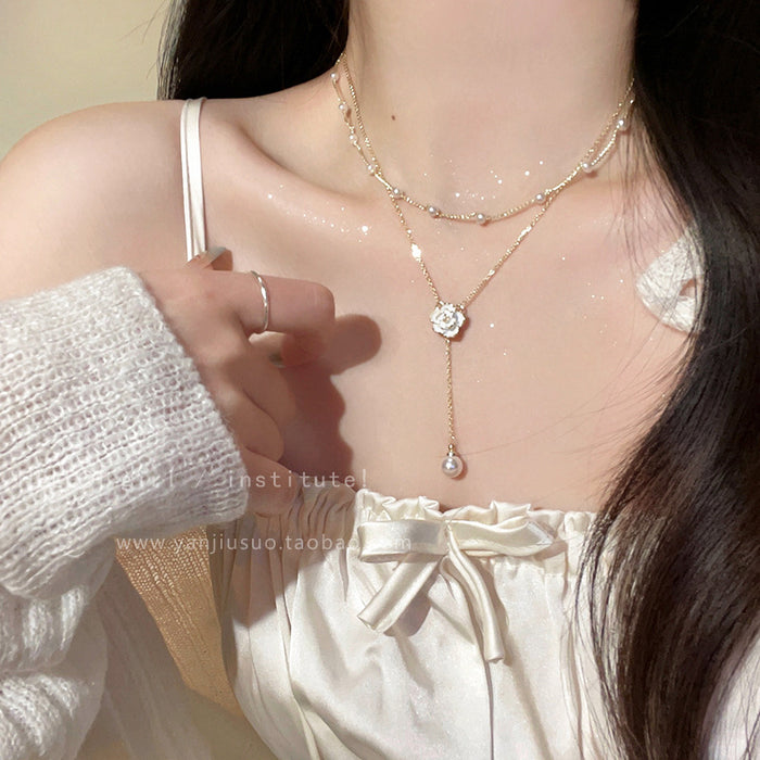 Wholesale double tassel pearl necklace female super fairy temperament Camellia clavicle chain necklace