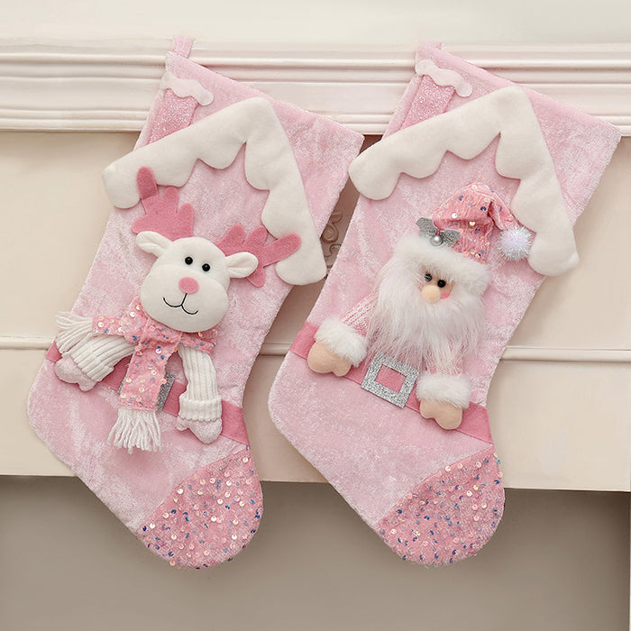 Wholesale Christmas Socks Children' s Gift Bag Pink Cartoon Roof Old Man Candy Gift Decoration Supplies Christmas Tree