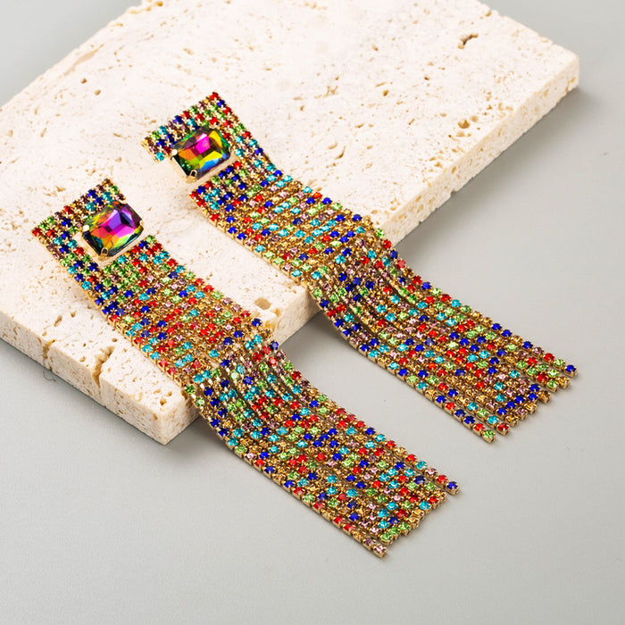 Wholesale earrings light luxury style super fairy colored diamond long claw chain rhinestone tassel earrings