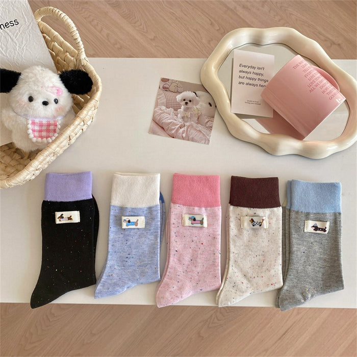 Wholesale Gray cloth label color blocked puppy mid tube socks cartoon pile socks