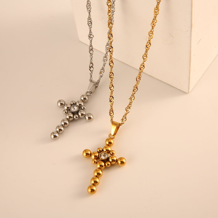 Wholesale New minimalist retro stainless steel round bead cross necklace with zircon light luxury style accessories color preservation wholesale