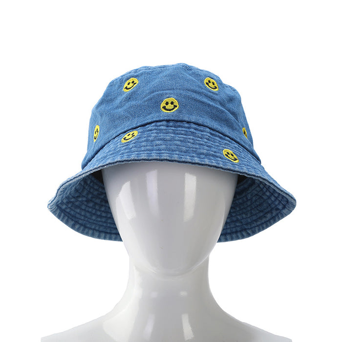 Wholesale Blue Fisherman Hat Embroidered Smiley Face Versatile Sun Protection Hat