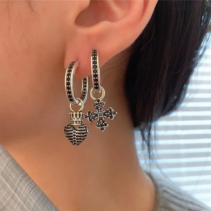 Wholesale Women's Micro-Encrusted Black Zircon Cross Heart Earrings