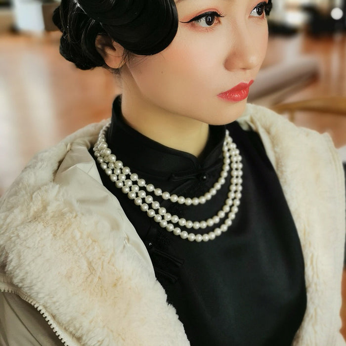 Wholesale Retro pearl necklace for female actress with elegant temperament, small fragrance style, double-layer collarbone chain, versatile long sweater chain