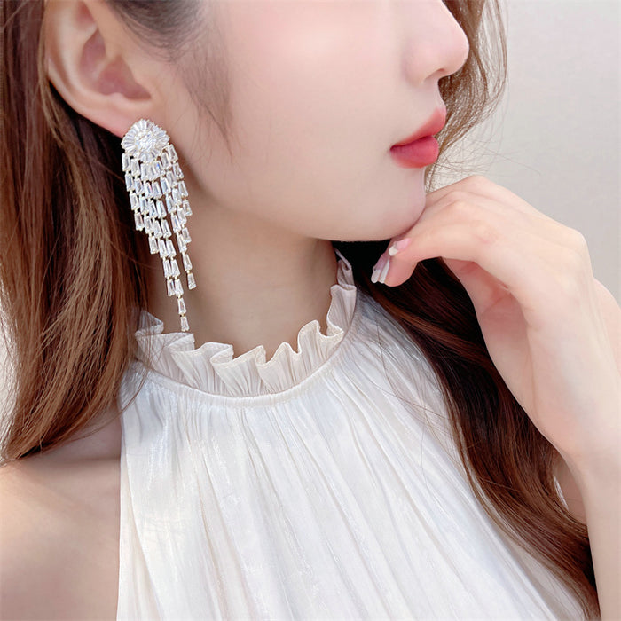 Wholesale Elegant temperament, exaggerated earrings, super sparkling zircon inlay, light luxury, high-end feeling, long tassel earrings