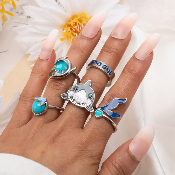 Wholesale Ethnic Style Retro Turquoise Carved Feather Ring Fashionable and Personalized 8-Piece Combination Ring Set