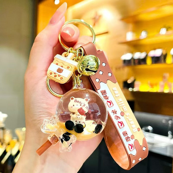 Wholesale bubble tea keychain floating small milk bear liquid quicksand bottle pendant couple gift bag hanging ornaments for women