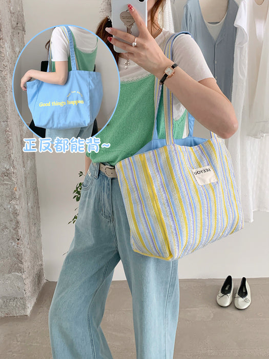 Wholesale New tote bag with striped contrasting double-sided bag, large capacity canvas bag for class commuting
