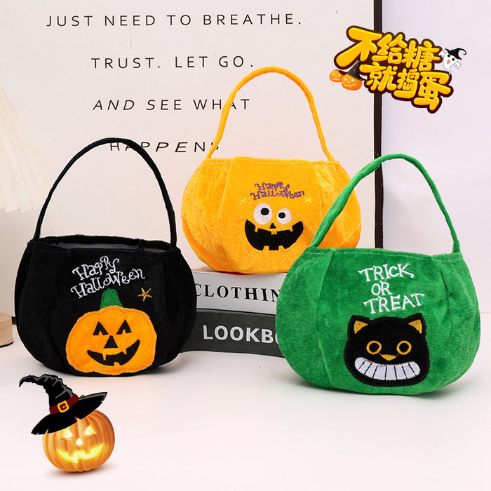 Wholesale Plush  Treat Handbags Green Black Cat Pumpkin Motif for Trick-or-Treat Gift