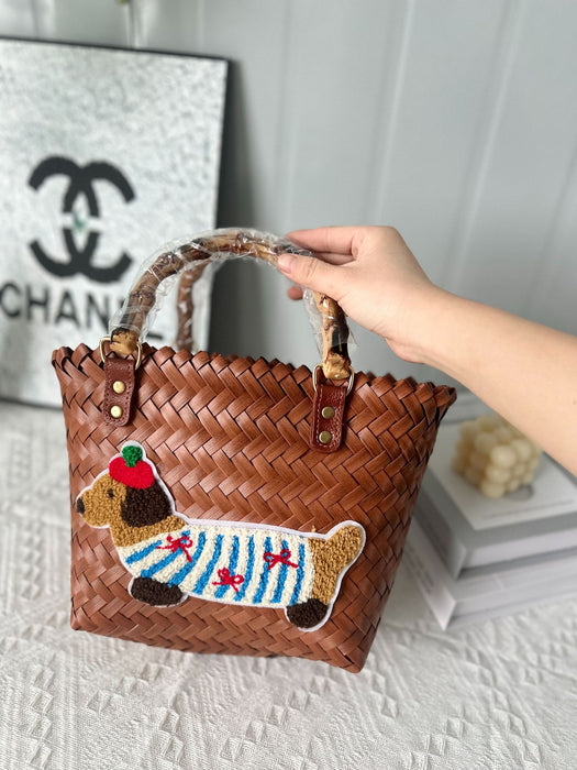Wholesale Dachshund Striped Straw Bag Retro Woven Vegetable Basket Small Square Bag Commuter Tote Bag Shoulder Bag Cross-Border
