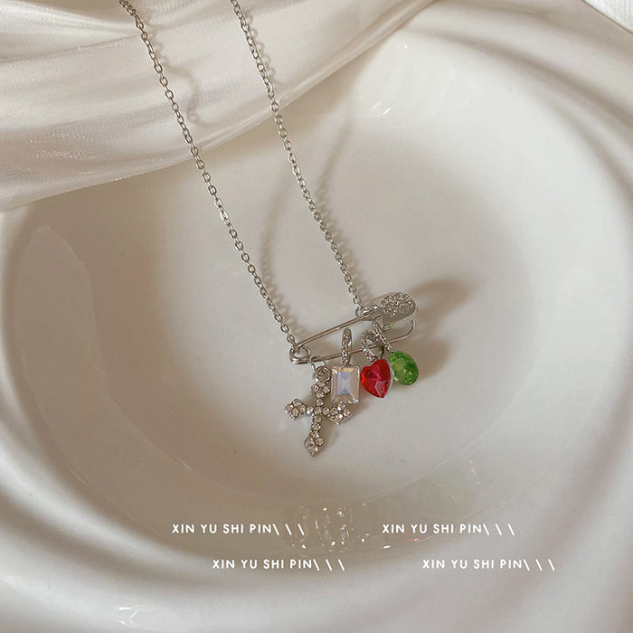 Wholesale Colorful zircon cross necklace with niche design, collarbone chain, light luxury, exquisite necklace