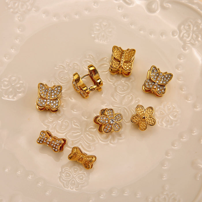 Wholesale Fashionable and personalized three-dimensional stainless steel butterfly earrings with diamond temperament, bow tie earrings, color preservation